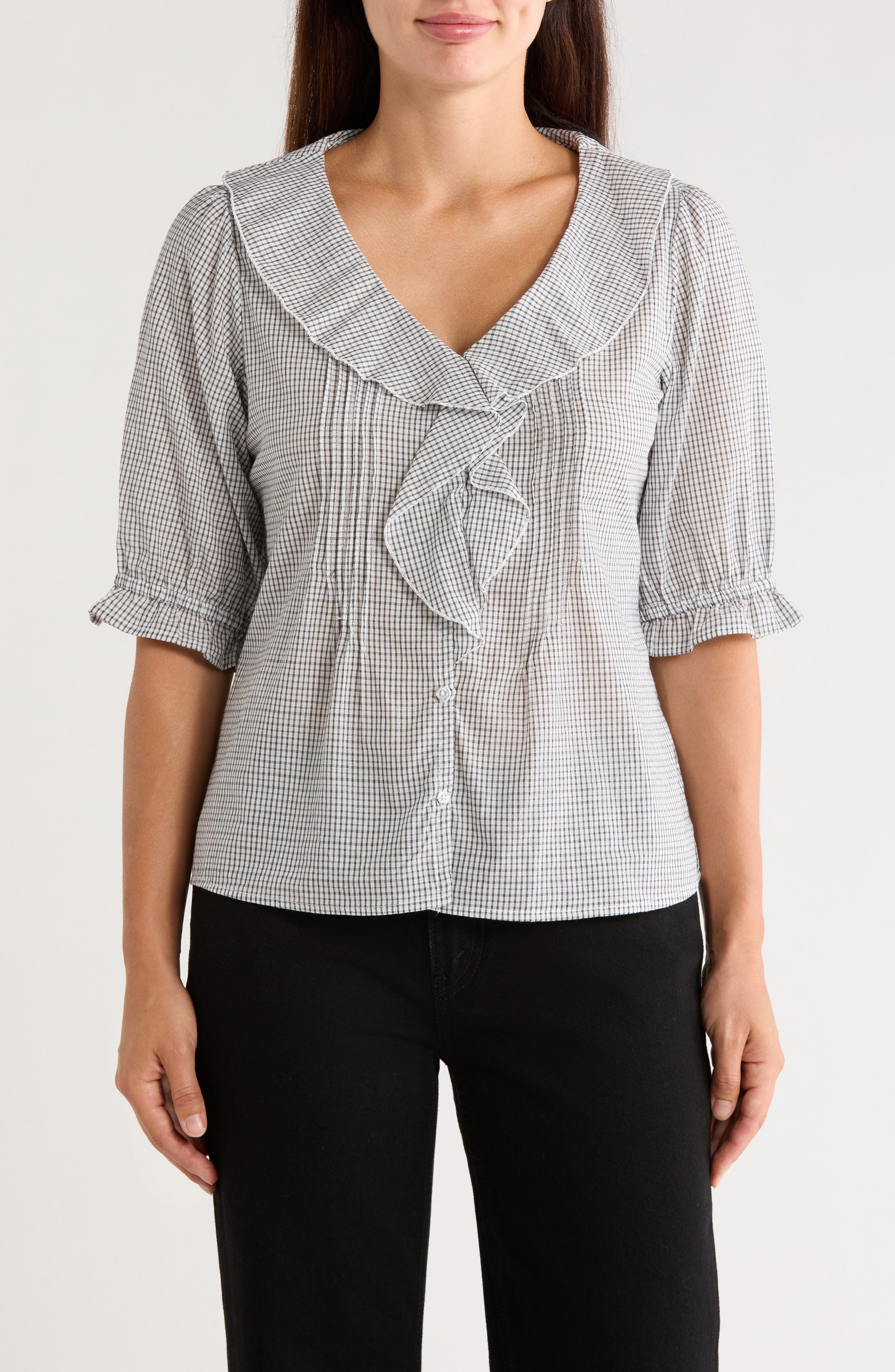 Ruffled V-Neck Button Top