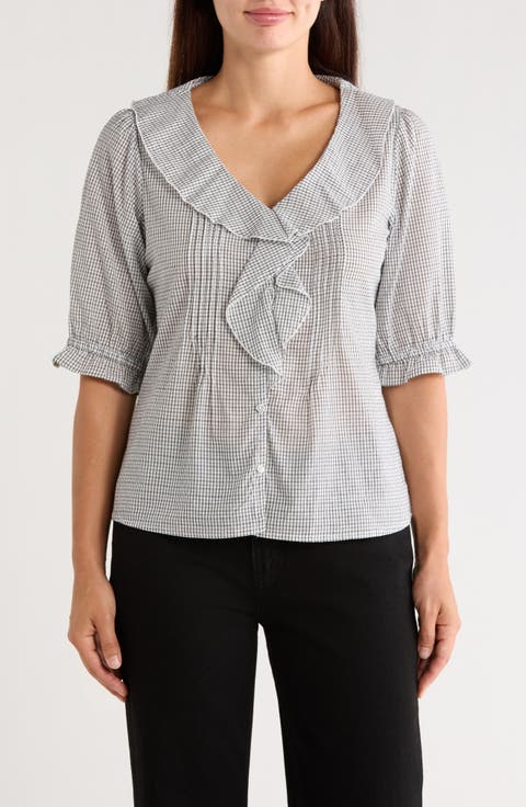 Ruffled V-Neck Button Top