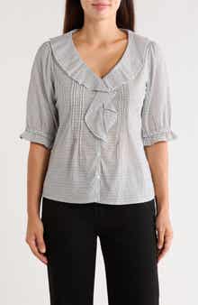 Ruffled V-Neck Button Top