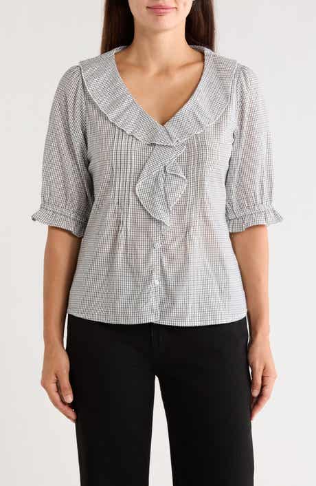 Ruffled V-Neck Button Top
