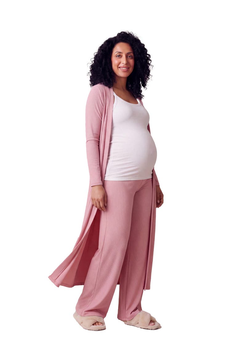 Maternity Basic Long Sleeve Tie Waist Soft Jacket and Elastic Waist Wide Leg Pant Set, Alternate, color, Blush