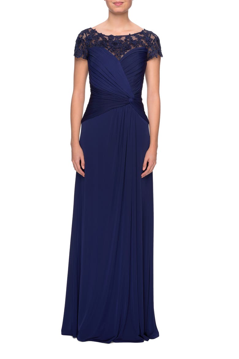 Jersey Dress with Ruching and Floral Neckline, Main, color, Navy
