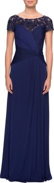 La Femme Jersey Dress with Ruching and Floral Neckline