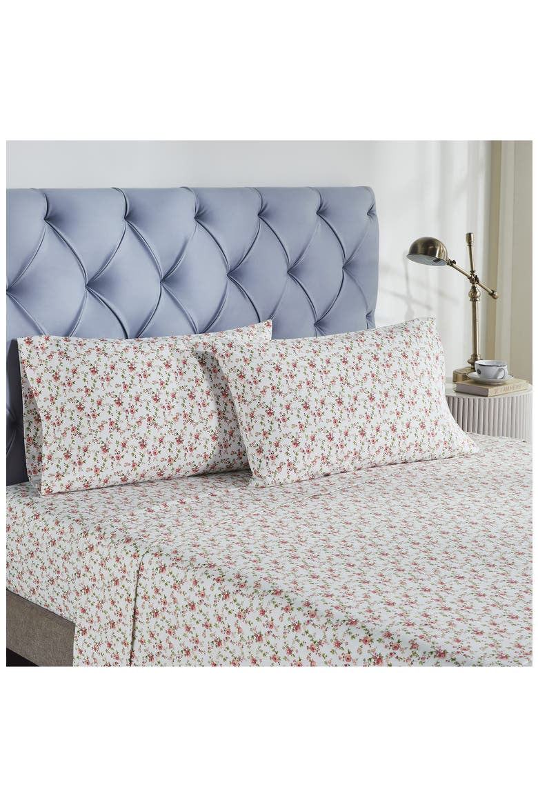 Cotton Flannel Sheet Set, Alternate, color, WHITE/ PINK