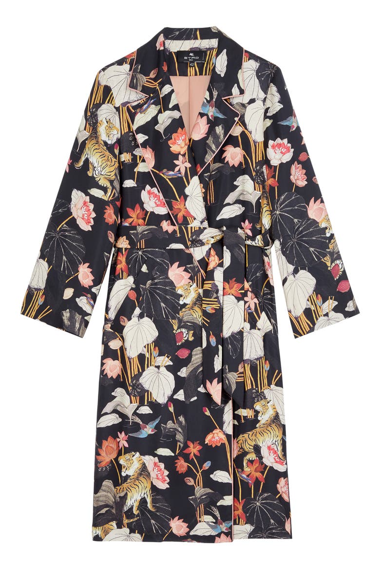 Zante Floral Print Silk Duster, Alternate, color, BLACK