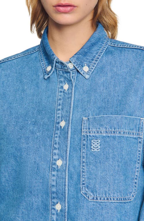Sandro Denim Cropped Shirt In Blue Jean