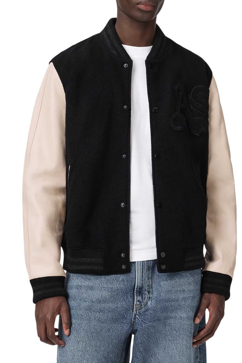 Holloway Wool & Leather Varsity Bomber Jacket, Alternate, color, BLACK/ WHITE