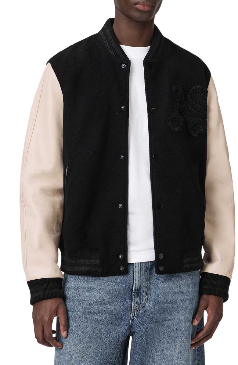 AllSaints Holloway Wool & Leather Varsity Bomber Jacket, Alternate, color, Black/ White