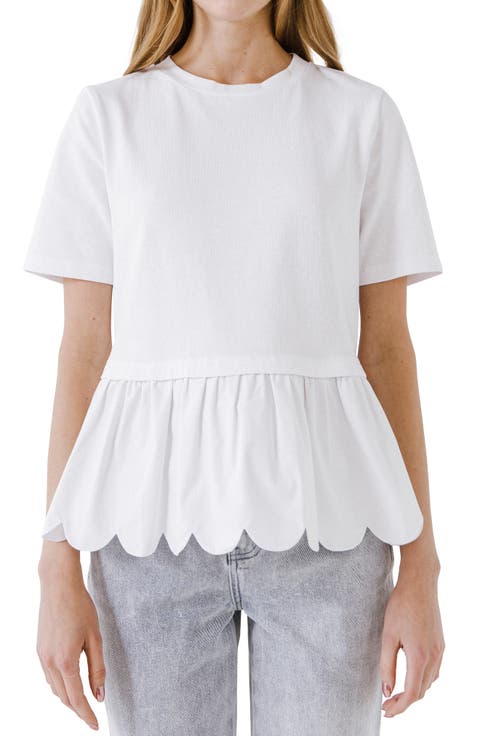 Mixed Media Scallop Peplum Cotton Top