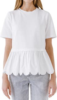 English Factory Mixed Media Scallop Peplum Cotton Top