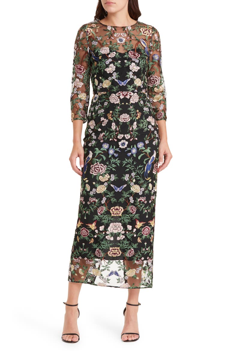 Floral Embroidered Sheath Dress, Main, color, BLACK MULTI