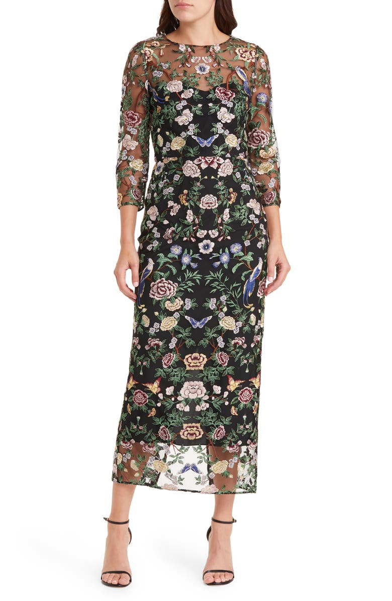 Marchesa Notte Floral Embroidered Sheath Dress, Main, color,