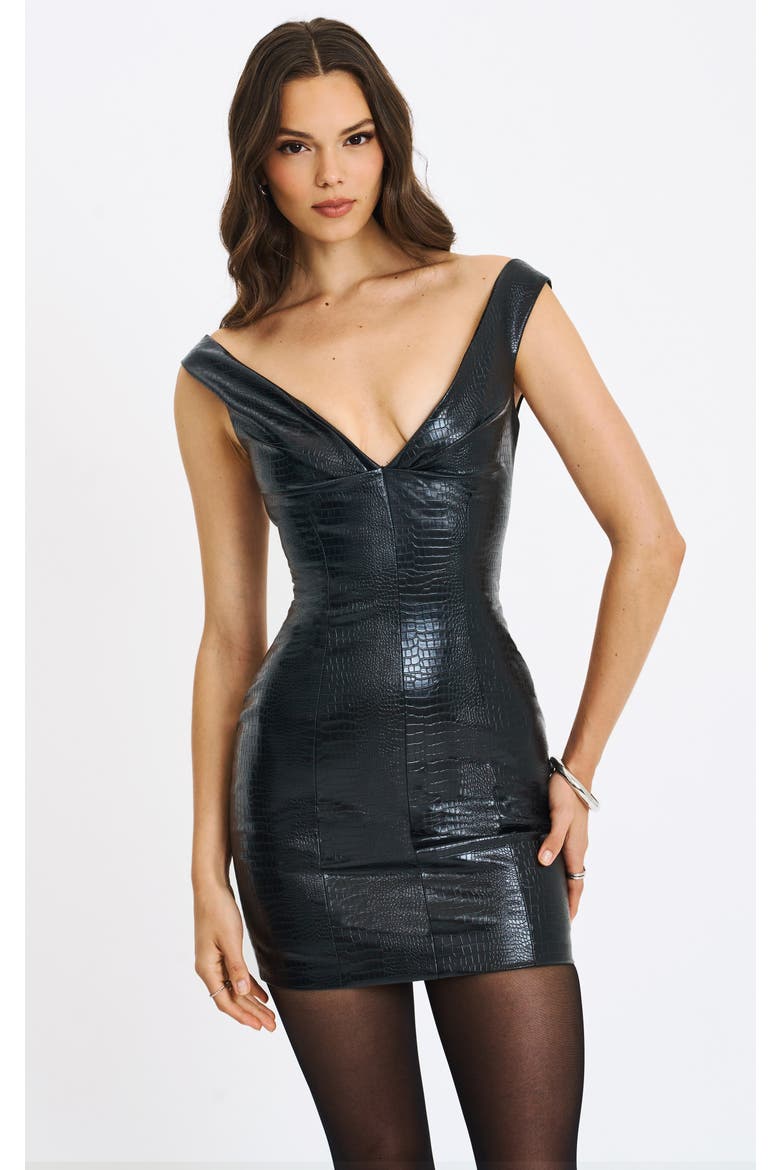 Quilia Vegan Crocodile Leather Plunge Mini Dress, Main, color, Black