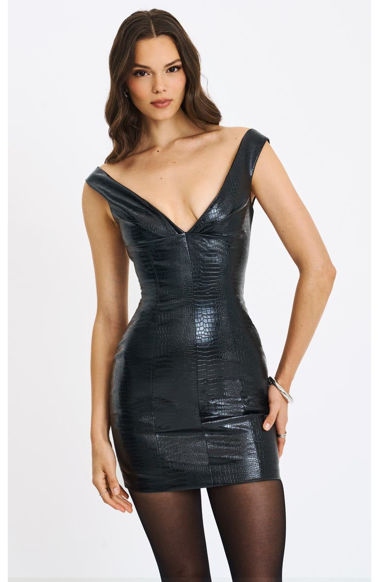 Miss Circle Quilia Vegan Crocodile Leather Plunge Mini Dress, Main, color, Black