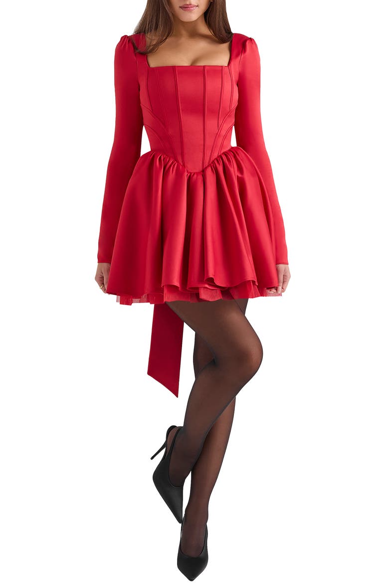 Nina Bow Back Long Sleeve Corset Minidress, Main, color, HAUTED RED