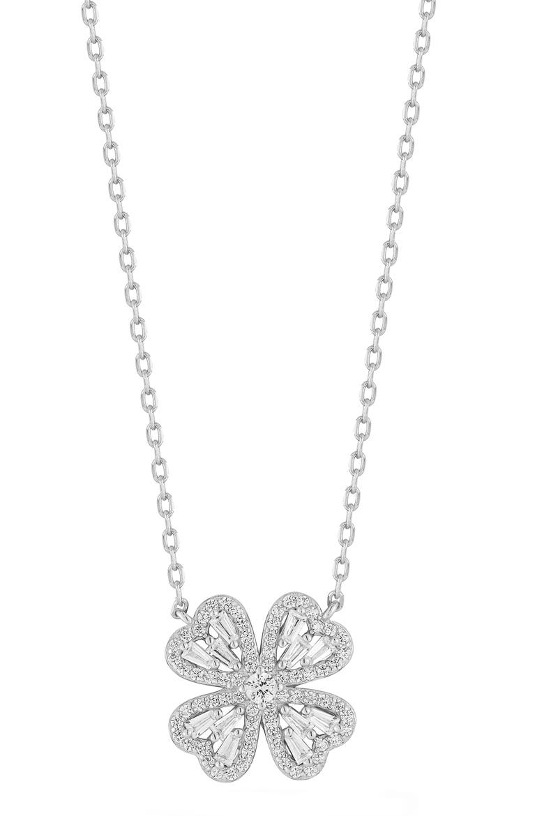 Cubic Zirconia Four Leaf Clover Pendant Necklace, Main, color, SILVER