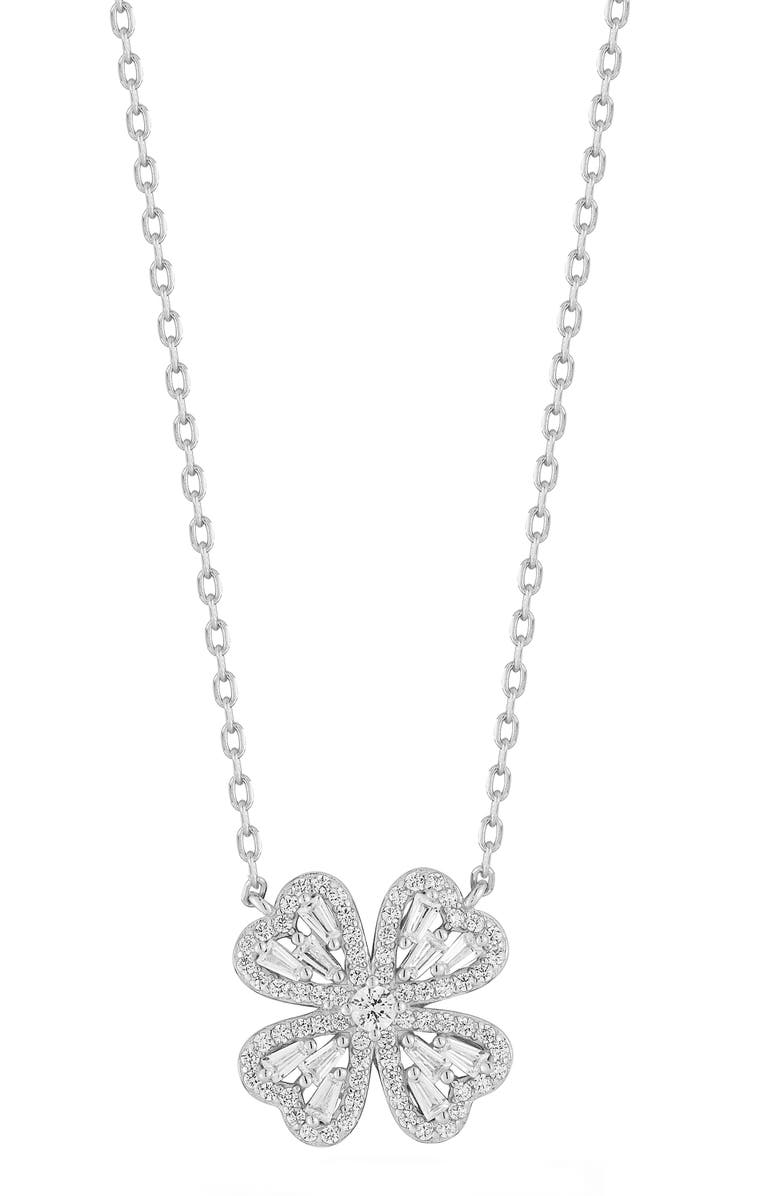 GLAZE JEWELRY Cubic Zirconia Four Leaf Clover Pendant Necklace, Main, color, Silver