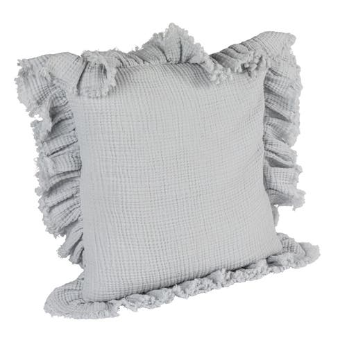 Storied Home Cotton Pillow With Ruffled Trim, Light Blue In Gray