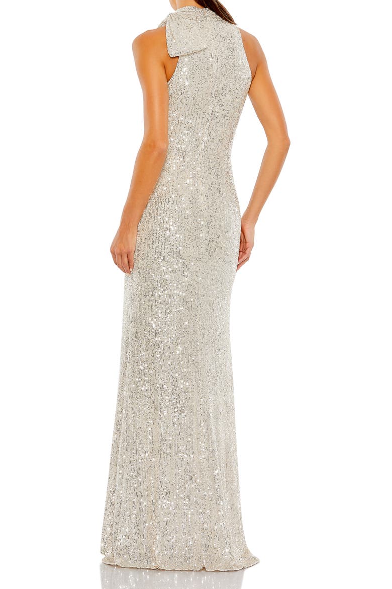 Women's Sequined Soft Tie Halter Neck Column Gown, Alternate, color, NUDE SILVER