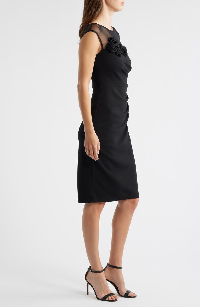 Eliza J Rosette Detail Mesh & Scuba Crepe Cocktail Sheath Dress, Alternate, color, Black