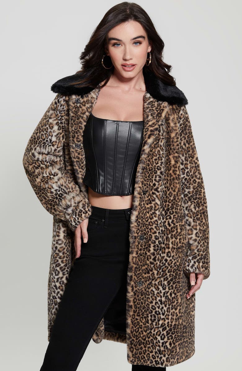 GUESS Petra Leopard Print Faux Fur Coat, Alternate, color,