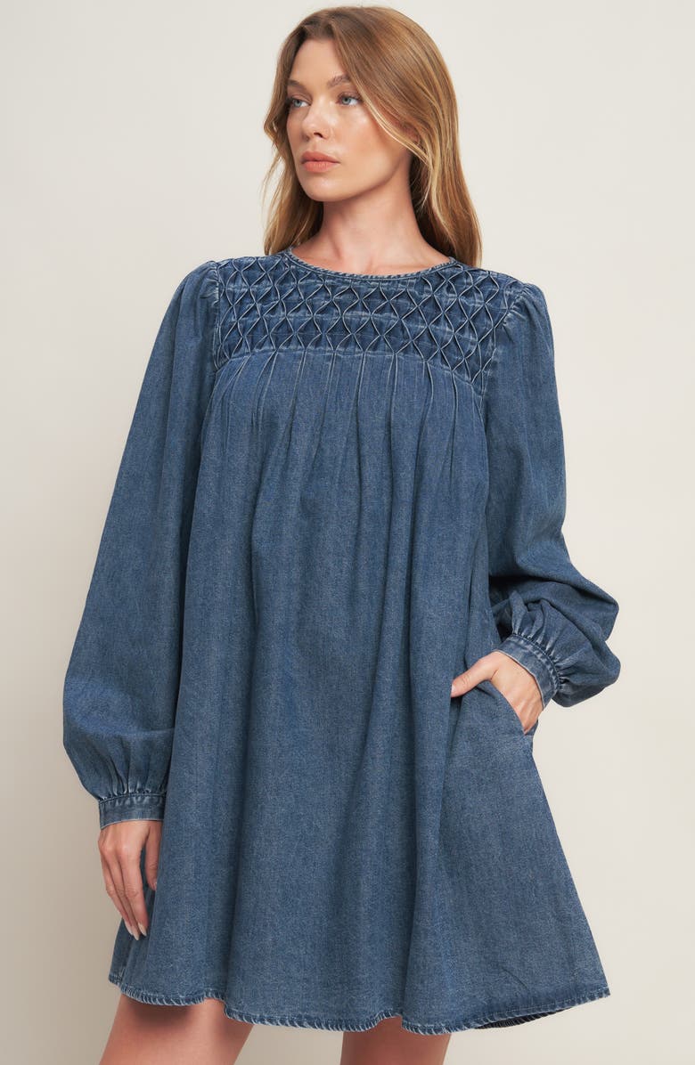 FLYING TOMATO Long Sleeve Denim Minidress, Alternate, color, Medium Indigo