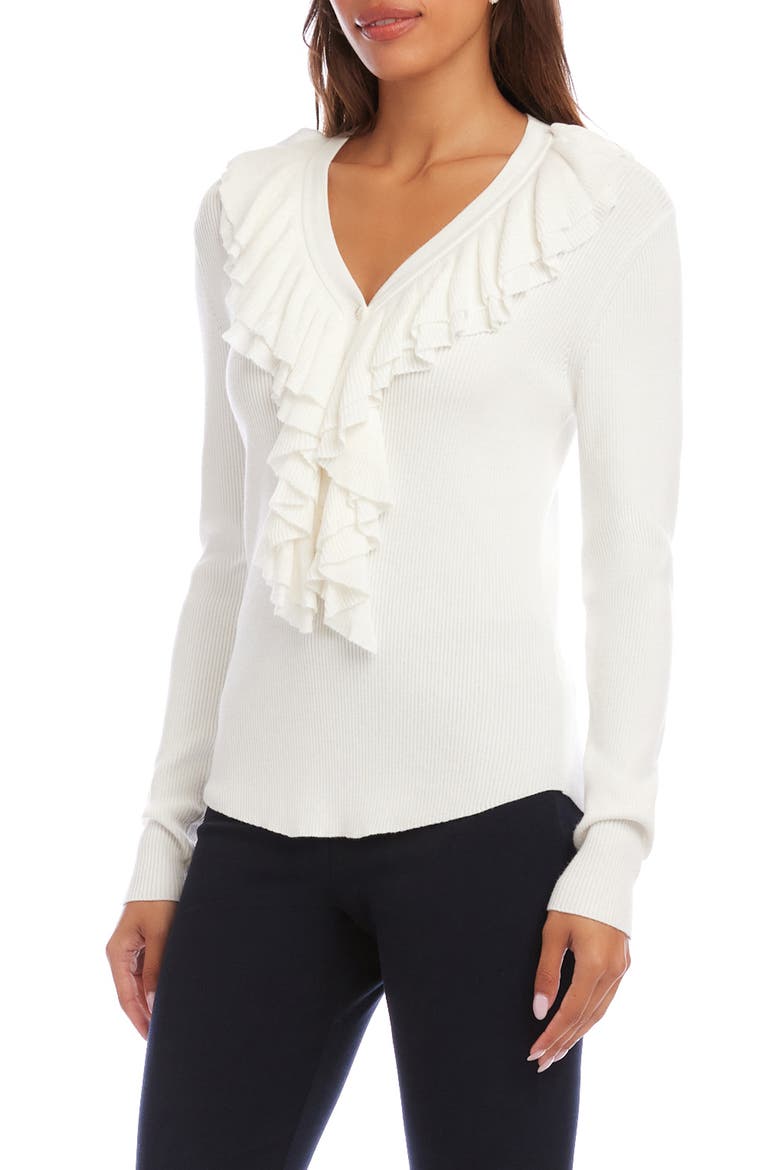 Ruffle V-Neck Sweater, Alternate, color, OFF WHITE