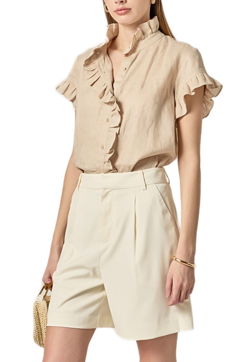 Ruffle Trim Linen Button-Up Shirt, Alternate, color, NATURAL