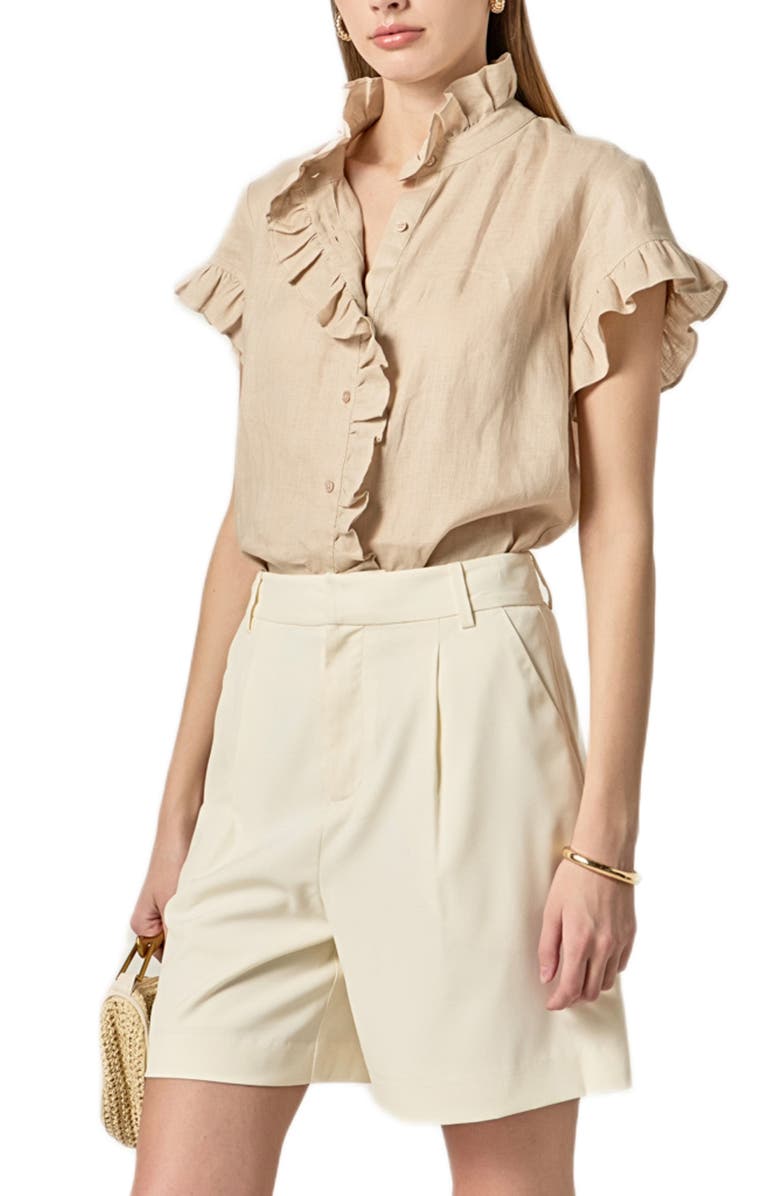 English Factory Ruffle Trim Linen Button-Up Shirt, Alternate, color, Natural