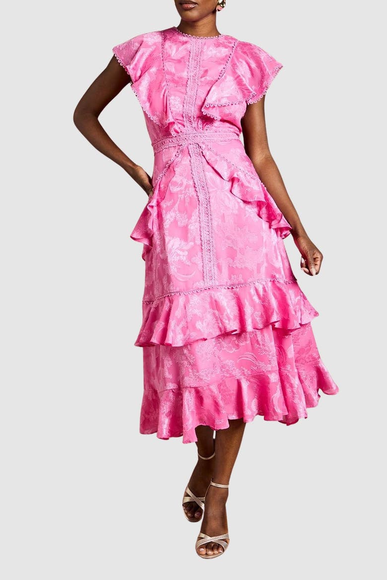 Satin Ruffle Jacquard Midi Dress, Alternate, color, Pink