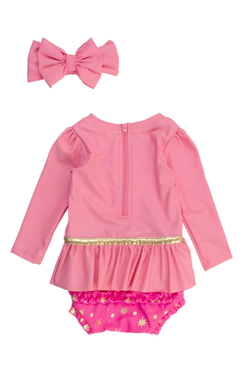 RuffleButts Princess One-Piece Rashguard Swimsuit & Bow Head Wrap Set, Alternate, color, Pink