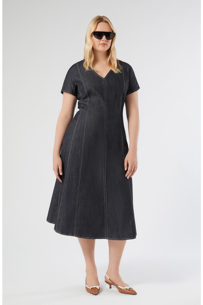 Denim Fit & Flare Midi Dress, Alternate, color, NAVY
