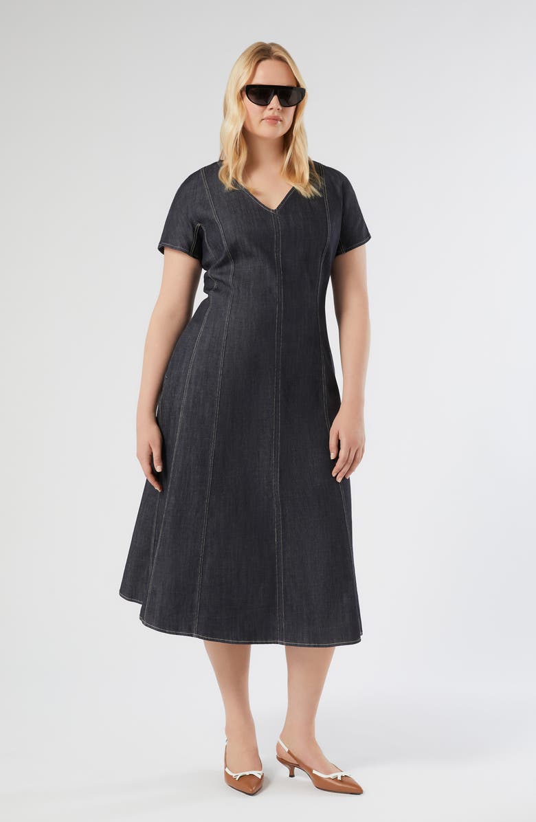 Marina Rinaldi Denim Fit & Flare Midi Dress, Alternate, color, Navy