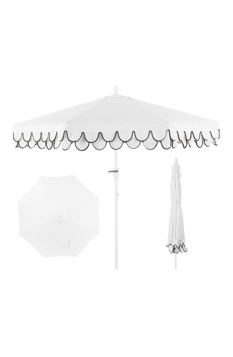 JONATHAN Y Tracy 9 ft. Classic MidCentury Scalloped Fringe Market Patio Umbrella with Auto-Tilt, Crank, Wind Vent and UV Protection, Main, color, White