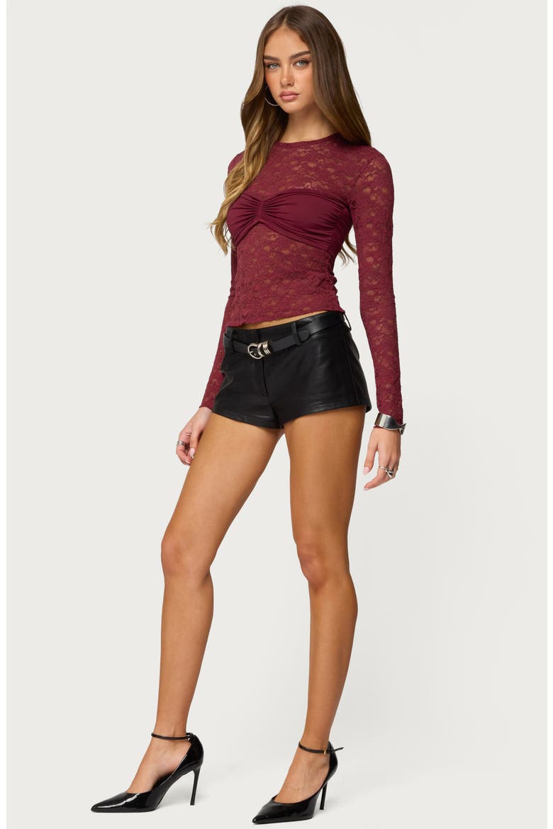 Rosette Bandeau Long Sleeve Lace Top, Alternate, color, BURGUNDY