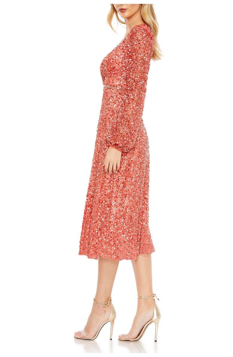 Mac Duggal Sequin Elegance A-Line Wrap Dress with Dramatic Puff Sleeves, Alternate, color, Coral
