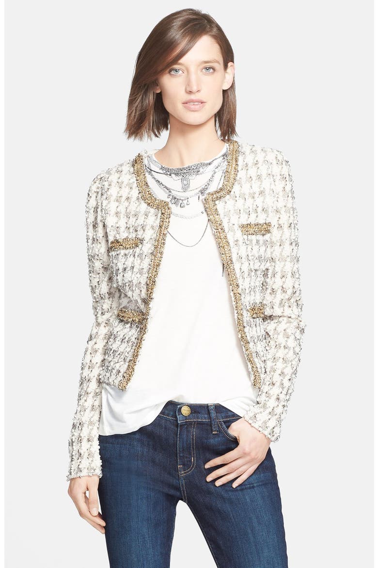 'Tania' Embellished Houndstooth Tweed Jacket, Main, color, BEIGE