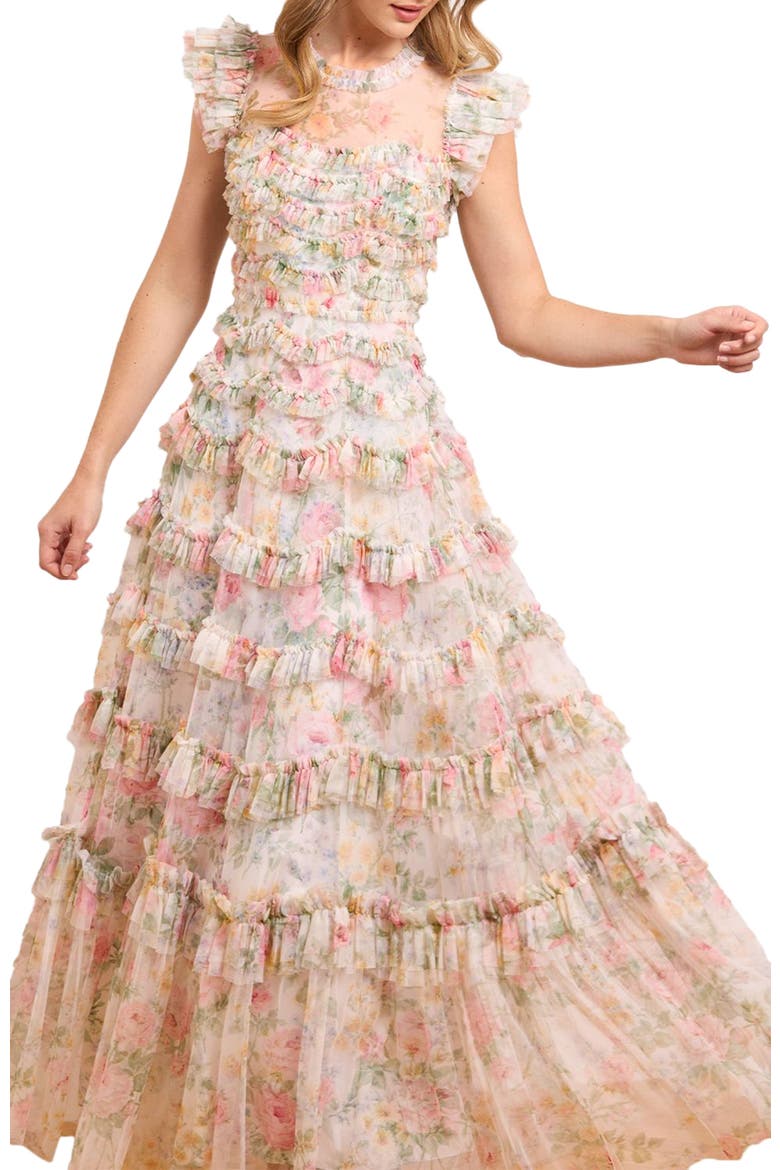 Pompadour Garden Round Neck Gown, Alternate, color, Moonshine