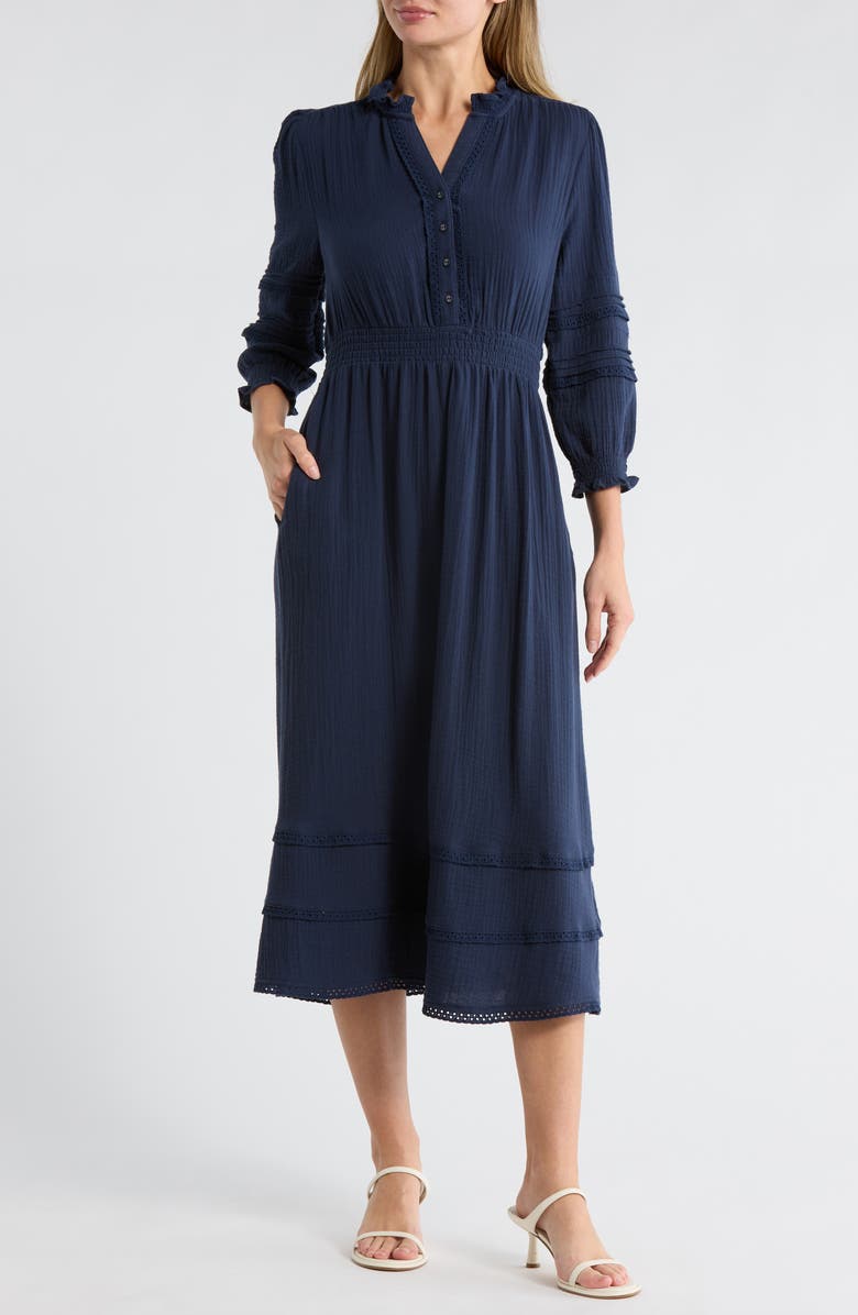 Ellen Tracy Button Front Gauze Dress, Main, color, Navy