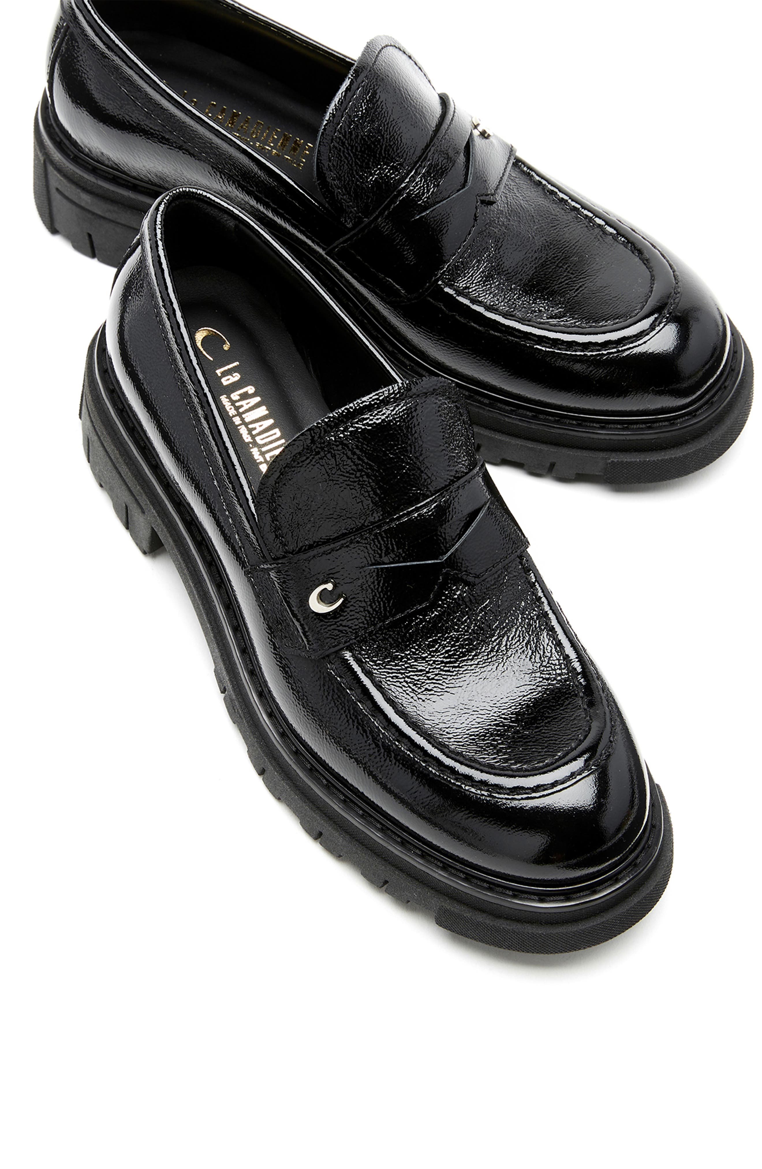 La Canadienne Doe Waterproof Platform Penny Loafer, Alternate, color, Black Patent Leather