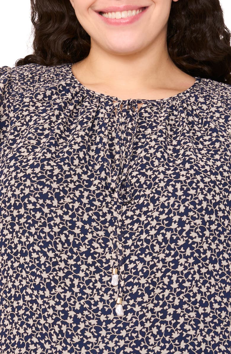 CeCe Floral Tie Neck Flutter Sleeve Top, Alternate, color, Classic Navy