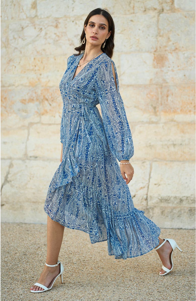 Yumi Paisley Dipped Hemline Midi Dress, Alternate, color, Blue