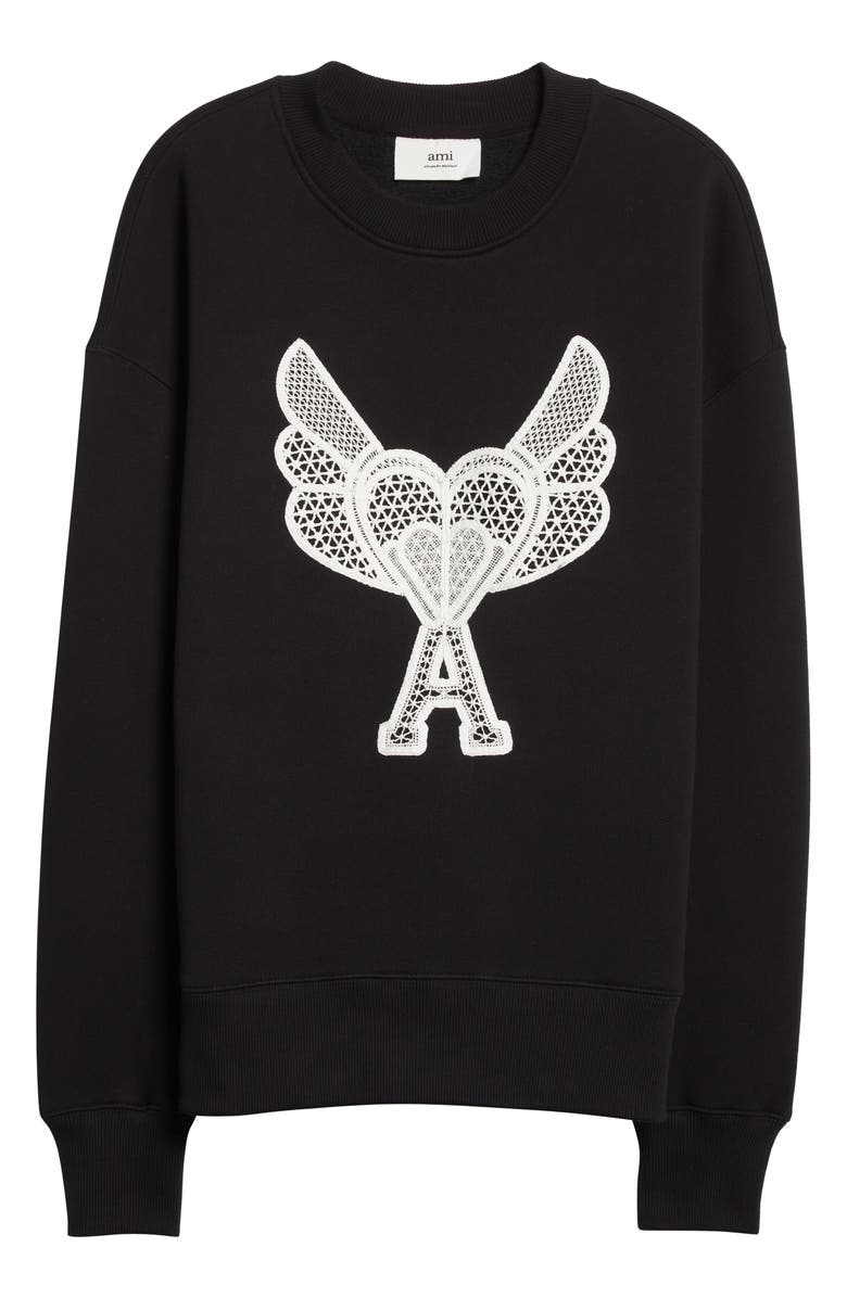 AMI Paris Mattiussi Lace Logo Stretch Cotton Sweatshirt, Alternate, color, Fleece Black