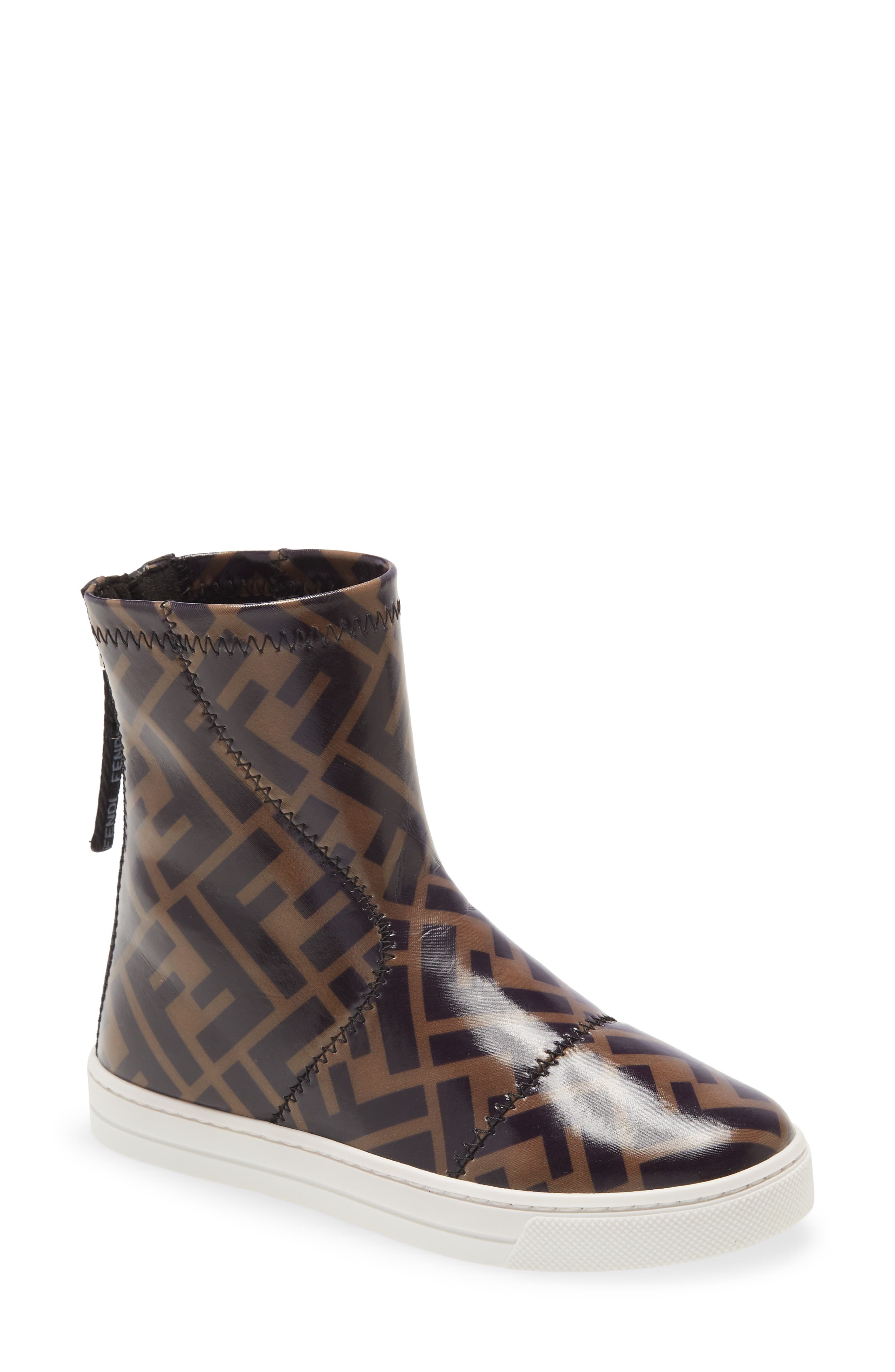 FF Logo Waterproof Rain Boot, Main, color, BROWN PRINT