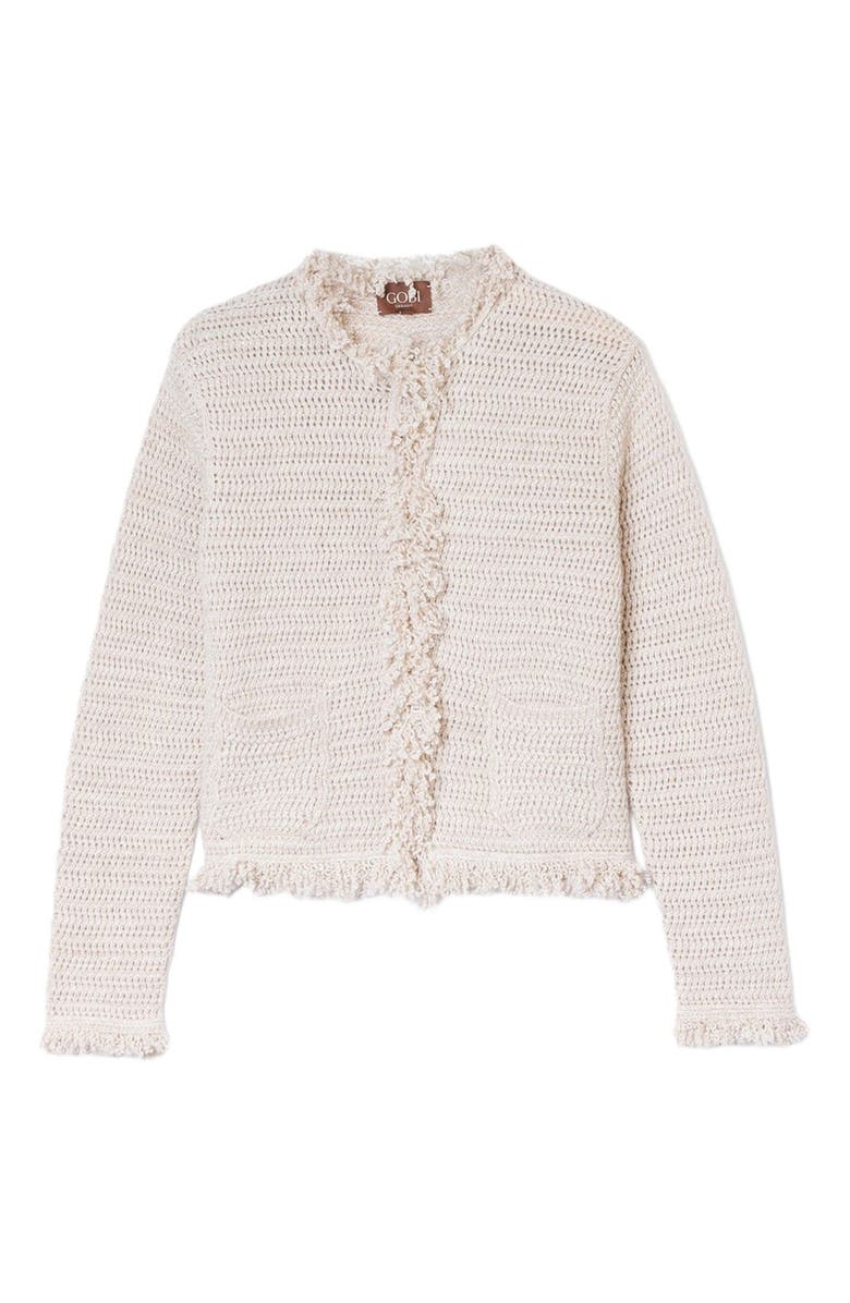GOBI Mongolian Cashmere Cashmere Cardigan with Frayed Edges, Alternate, color, Fog