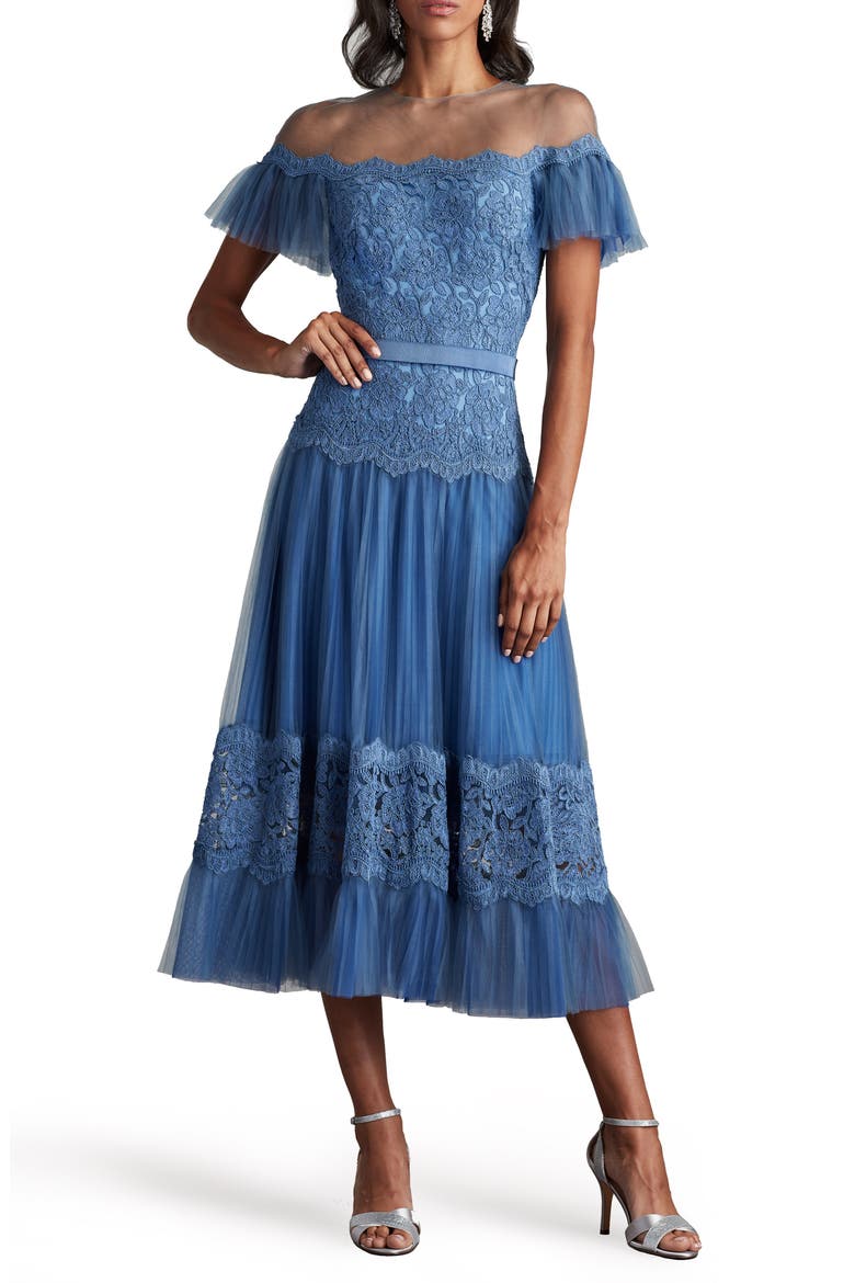 Mixed Media Lace & Tulle Cocktail Midi Dress, Main, color, BLUE STONE
