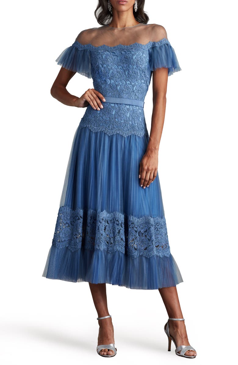 Tadashi Shoji Mixed Media Lace & Tulle Cocktail Midi Dress, Main, color,