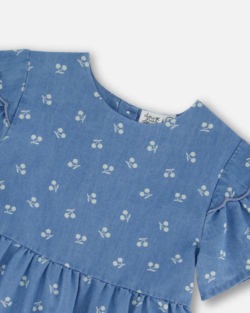 Deux Par Deux Girl's Printed Chambray Dress Blue And White Cherries In Blue And White Cherries