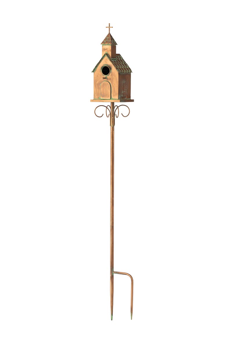 Farmhouse Faux Copper 2-Tiered Metal Decorative Garden Birdhouse with Stake, Main, color, Gold