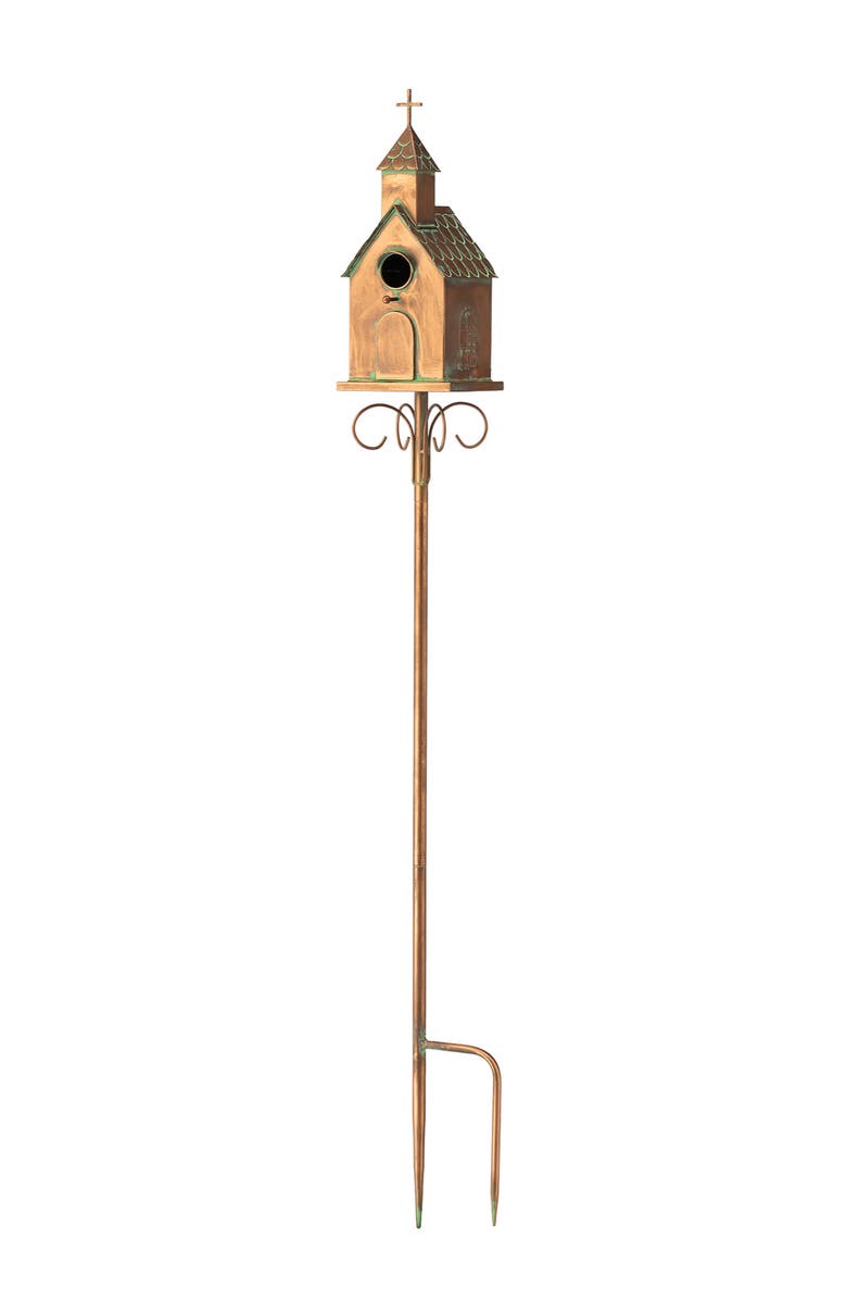 Glitzhome Farmhouse Faux Copper 2-Tiered Metal Decorative Garden Birdhouse with Stake, Main, color, Gold
